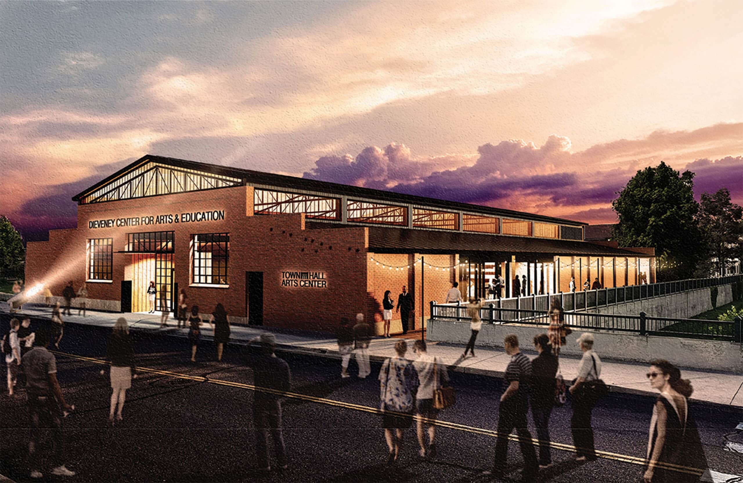 Modern community arts center with brick facade, large windows, and outdoor gathering space, ideal for arts education and cultural events.