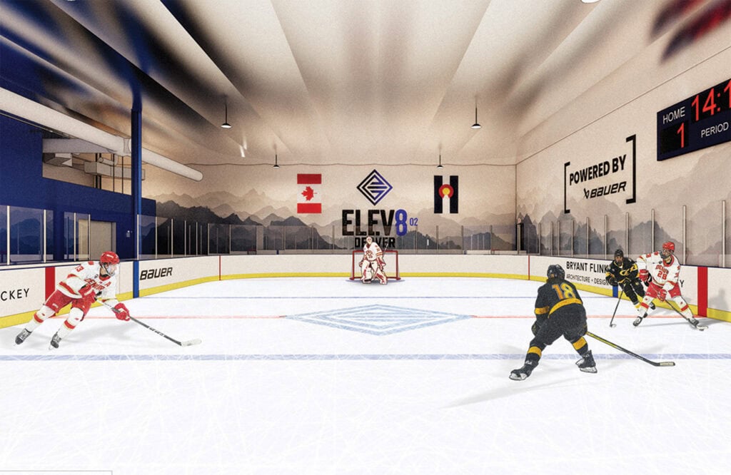 A dynamic indoor hockey game featuring players in action at a modern ice rink with mountain murals and sponsor logos.