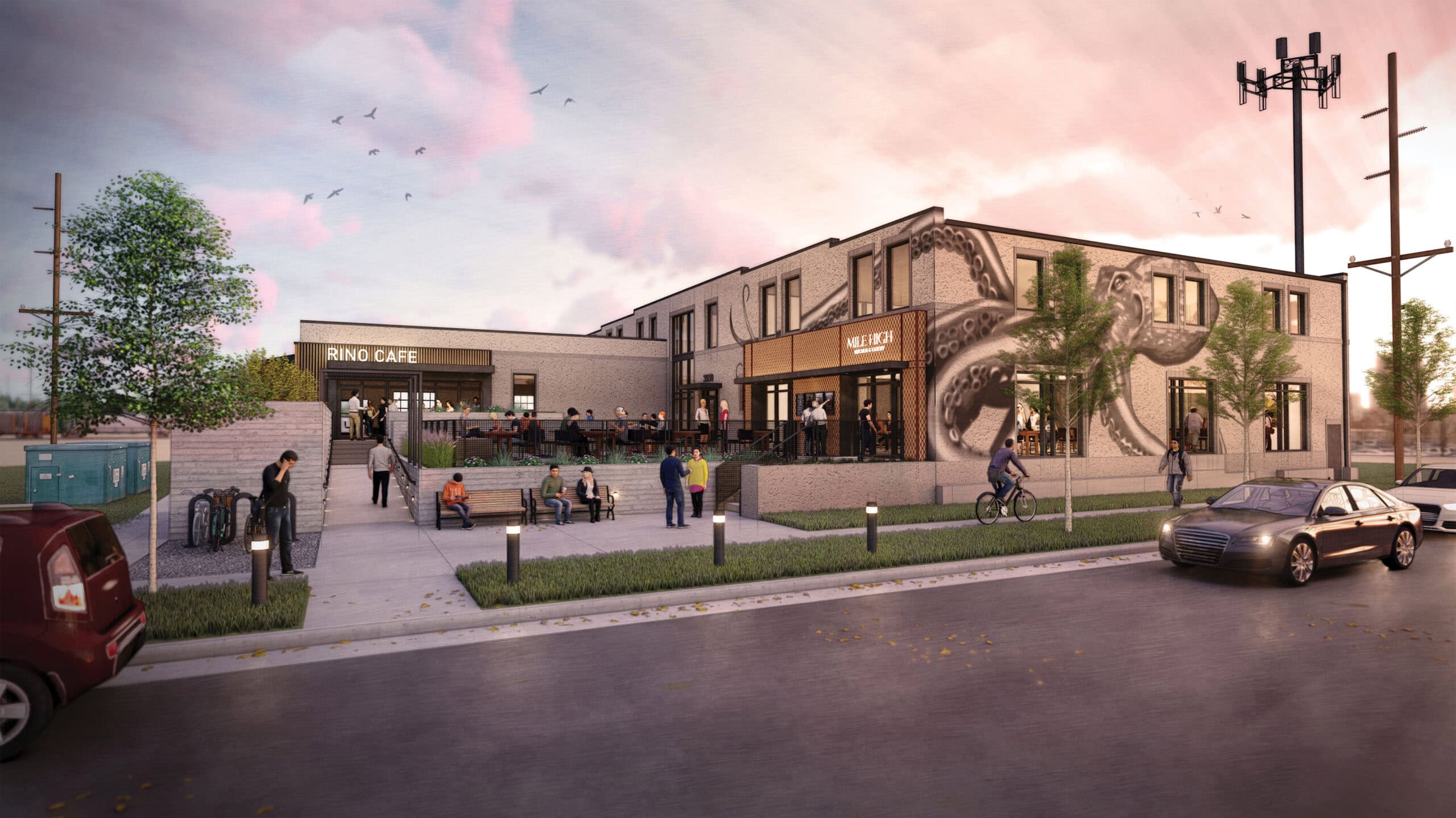 Elegant mixed-use retail and cafe center with outdoor seating and artful octopus mural, lively community atmosphere.